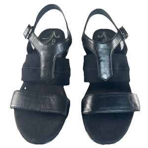 ABEO B.I.O. System Womens Sz 8 Blk Leather Stretch Band Sandals 3" heel Plat .5